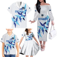 Custom Estonia Football Family Matching Off The Shoulder Long Sleeve Dress and Hawaiian Shirt Retro Jersey White Version