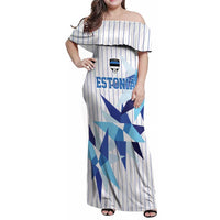 Custom Estonia Football Family Matching Off Shoulder Maxi Dress and Hawaiian Shirt Retro Jersey White Version