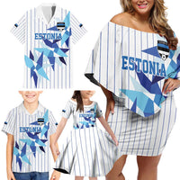 Custom Estonia Football Family Matching Off Shoulder Short Dress and Hawaiian Shirt Retro Jersey White Version