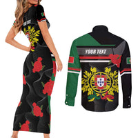Personalized Portugal Coat of Arms with Carnation Couples Matching Short Sleeve Bodycon Dress and Long Sleeve Button Shirt Portuguese Bandeira Verde-Rubra