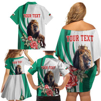 Personalized Bulgaria Coat of Arms Family Matching Off Shoulder Short Dress and Hawaiian Shirt A Crowned Golden Lion with Rose