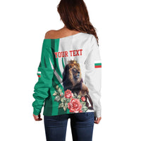 Personalized Bulgaria Coat of Arms Off Shoulder Sweater A Crowned Golden Lion with Rose