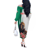 Personalized Bulgaria Coat of Arms Off The Shoulder Long Sleeve Dress A Crowned Golden Lion with Rose