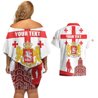 Personalized Georgia National Unity Day Couples Matching Off Shoulder Short Dress and Hawaiian Shirt 9th April with Coat of Arms and Flag