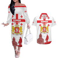 Personalized Georgia National Unity Day Couples Matching Off The Shoulder Long Sleeve Dress and Hawaiian Shirt 9th April with Coat of Arms and Flag