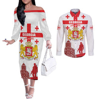 Personalized Georgia National Unity Day Couples Matching Off The Shoulder Long Sleeve Dress and Long Sleeve Button Shirt 9th April with Coat of Arms and Flag