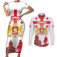 Personalized Georgia National Unity Day Couples Matching Short Sleeve Bodycon Dress and Long Sleeve Button Shirt 9th April with Coat of Arms and Flag