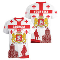 Personalized Georgia National Unity Day Women V-Neck T-Shirt 9th April with Coat of Arms and Flag
