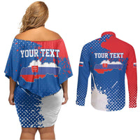 Personalized Slovakia Coat of Arms Couples Matching Off Shoulder Short Dress and Long Sleeve Button Shirt Map Flag Style