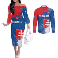 Personalized Slovakia Coat of Arms Couples Matching Off The Shoulder Long Sleeve Dress and Long Sleeve Button Shirt Map Flag Style
