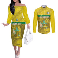 Custom Guadelope Football Couples Matching Off The Shoulder Long Sleeve Dress and Long Sleeve Button Shirt Basse Terre Yellow Style