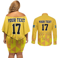 Custom Sweden Ice Hokey Go Champions Couples Matching Off Shoulder Short Dress and Long Sleeve Button Shirt Gold Style