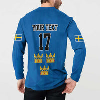 Custom Sweden Ice Hokey Go Champions Button Sweatshirt Blue Style