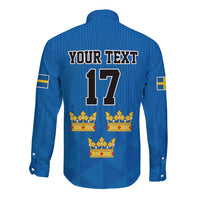Custom Sweden Ice Hokey Go Champions Long Sleeve Button Shirt Blue Style