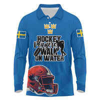 Custom Sweden Ice Hokey Go Champions Long Sleeve Polo Shirt Blue Style
