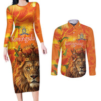 Personalized Netherlands Koningsdag Couples Matching Long Sleeve Bodycon Dress and Long Sleeve Button Shirt 27th April Lion with Orange Tulip