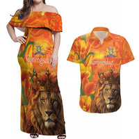 Personalized Netherlands Koningsdag Couples Matching Off Shoulder Maxi Dress and Hawaiian Shirt 27th April Lion with Orange Tulip