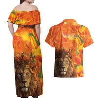 Personalized Netherlands Koningsdag Couples Matching Off Shoulder Maxi Dress and Hawaiian Shirt 27th April Lion with Orange Tulip