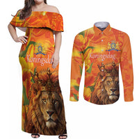 Personalized Netherlands Koningsdag Couples Matching Off Shoulder Maxi Dress and Long Sleeve Button Shirt 27th April Lion with Orange Tulip