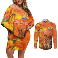 Personalized Netherlands Koningsdag Couples Matching Off Shoulder Short Dress and Long Sleeve Button Shirt 27th April Lion with Orange Tulip