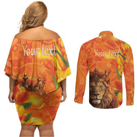 Personalized Netherlands Koningsdag Couples Matching Off Shoulder Short Dress and Long Sleeve Button Shirt 27th April Lion with Orange Tulip