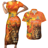 Personalized Netherlands Koningsdag Couples Matching Short Sleeve Bodycon Dress and Hawaiian Shirt 27th April Lion with Orange Tulip