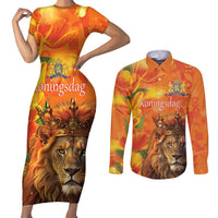 Personalized Netherlands Koningsdag Couples Matching Short Sleeve Bodycon Dress and Long Sleeve Button Shirt 27th April Lion with Orange Tulip