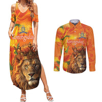 Personalized Netherlands Koningsdag Couples Matching Summer Maxi Dress and Long Sleeve Button Shirt 27th April Lion with Orange Tulip