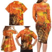Personalized Netherlands Koningsdag Family Matching Long Sleeve Bodycon Dress and Hawaiian Shirt 27th April Lion with Orange Tulip