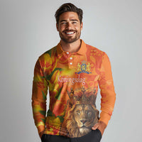 Personalized Netherlands Koningsdag Long Sleeve Polo Shirt 27th April Lion with Orange Tulip
