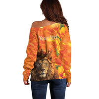 Personalized Netherlands Koningsdag Off Shoulder Sweater 27th April Lion with Orange Tulip
