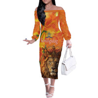 Personalized Netherlands Koningsdag Off The Shoulder Long Sleeve Dress 27th April Lion with Orange Tulip