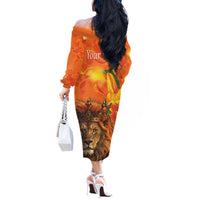 Personalized Netherlands Koningsdag Off The Shoulder Long Sleeve Dress 27th April Lion with Orange Tulip