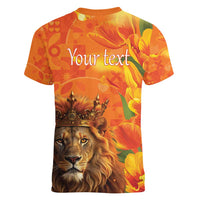 Personalized Netherlands Koningsdag Women V-Neck T-Shirt 27th April Lion with Orange Tulip