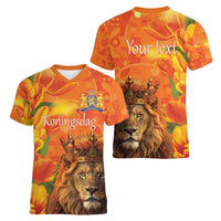 Personalized Netherlands Koningsdag Women V-Neck T-Shirt 27th April Lion with Orange Tulip