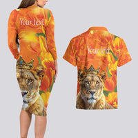 Personalized Netherlands Koninginnedag Couples Matching Long Sleeve Bodycon Dress and Hawaiian Shirt 30th April Lioness with Orange Tulip