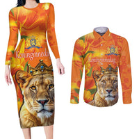 Personalized Netherlands Koninginnedag Couples Matching Long Sleeve Bodycon Dress and Long Sleeve Button Shirt 30th April Lioness with Orange Tulip