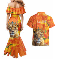 Personalized Netherlands Koninginnedag Couples Matching Mermaid Dress and Hawaiian Shirt 30th April Lioness with Orange Tulip