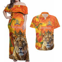 Personalized Netherlands Koninginnedag Couples Matching Off Shoulder Maxi Dress and Hawaiian Shirt 30th April Lioness with Orange Tulip