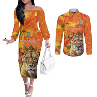 Personalized Netherlands Koninginnedag Couples Matching Off The Shoulder Long Sleeve Dress and Long Sleeve Button Shirt 30th April Lioness with Orange Tulip