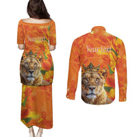 Personalized Netherlands Koninginnedag Couples Matching Puletasi and Long Sleeve Button Shirt 30th April Lioness with Orange Tulip