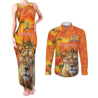 Personalized Netherlands Koninginnedag Couples Matching Tank Maxi Dress and Long Sleeve Button Shirt 30th April Lioness with Orange Tulip