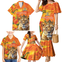 Personalized Netherlands Koninginnedag Family Matching Mermaid Dress and Hawaiian Shirt 30th April Lioness with Orange Tulip