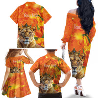 Personalized Netherlands Koninginnedag Family Matching Off The Shoulder Long Sleeve Dress and Hawaiian Shirt 30th April Lioness with Orange Tulip