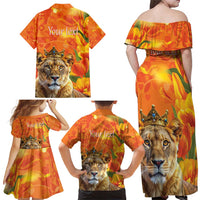 Personalized Netherlands Koninginnedag Family Matching Off Shoulder Maxi Dress and Hawaiian Shirt 30th April Lioness with Orange Tulip