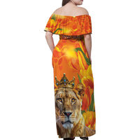 Personalized Netherlands Koninginnedag Family Matching Off Shoulder Maxi Dress and Hawaiian Shirt 30th April Lioness with Orange Tulip