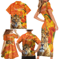 Personalized Netherlands Koninginnedag Family Matching Short Sleeve Bodycon Dress and Hawaiian Shirt 30th April Lioness with Orange Tulip
