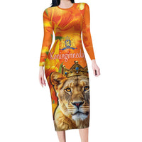 Personalized Netherlands Koninginnedag Long Sleeve Bodycon Dress 30th April Lioness with Orange Tulip