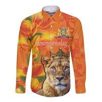 Personalized Netherlands Koninginnedag Long Sleeve Button Shirt 30th April Lioness with Orange Tulip
