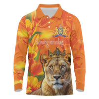 Personalized Netherlands Koninginnedag Long Sleeve Polo Shirt 30th April Lioness with Orange Tulip